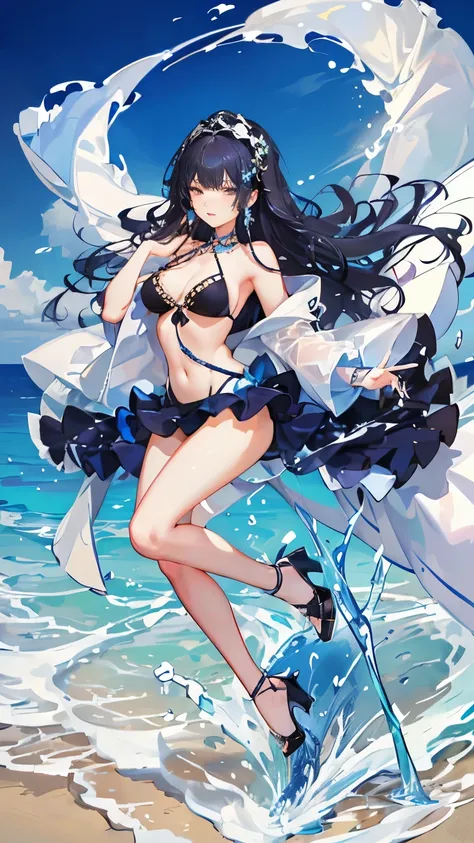 Hanfu(swimsuit），full body portrait，light wing earrings，long black hair，blue hair tail dyed，Center parted bangs，High heel，The dress has a gorgeous wavy pattern，Navel exposed，Gorgeous splash skirt，Intricate costume details