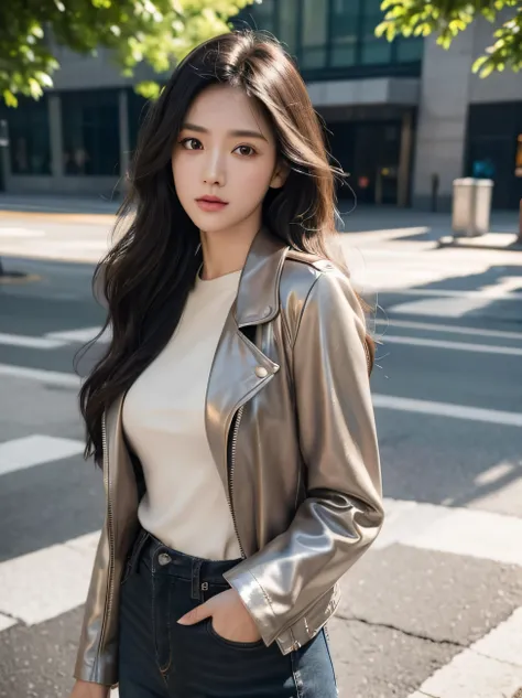 model shoot, Cinematic movie still cuts, 28 years old asian girl standing, full body slang, (Black color:1.3), medium wavy hair,  light purple sweater, Black color leather jacket, soft natural light, In the courtyard, ((masterpiece)),(best quality best),(h...