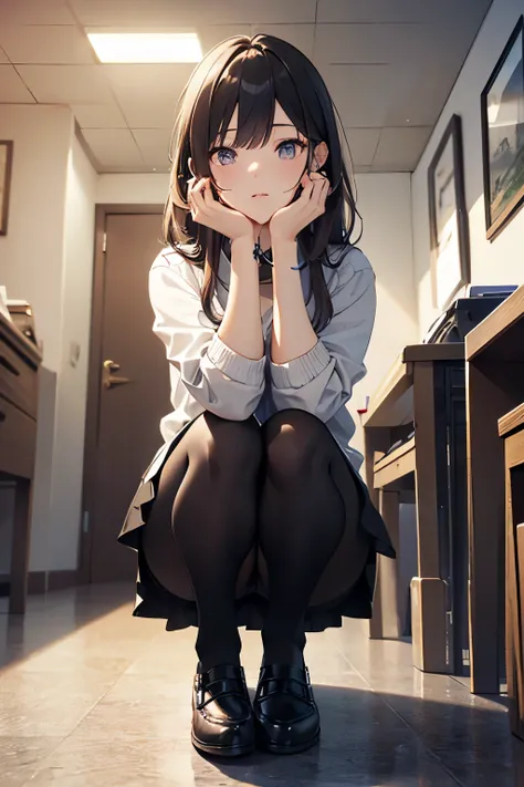 20 year old female、very pretty、OL、While working in the office、Front facing、Close-up、squatting in the hallway、picking up dropped documents、(official art、highest quality、unity 8k wallpaper、32K、masterpiece、Super detailed、ultra high resolution、realistic、Photor...