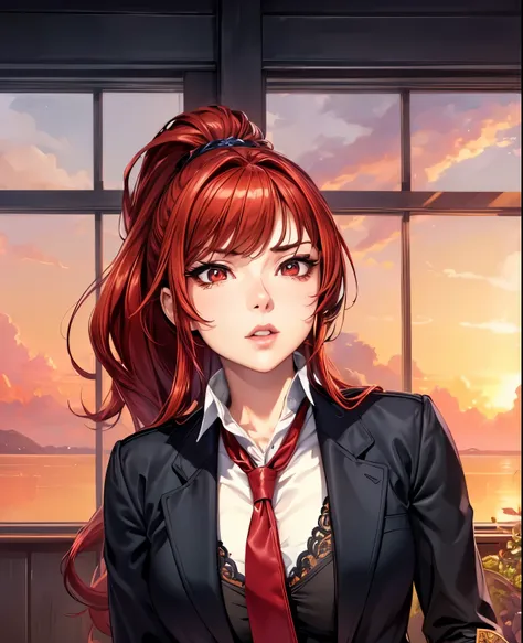 (masterpiece, best quality:1.4), (extremely detailed, 8k, uhd), cinematic shot, natural lighting, ultra highres, vibrant rich colors, (beautiful, aesthetic, perfect, delicate, intricate:1.2), 1girl, portrait of a anime girl, young, red hair, hair up, ponyt...