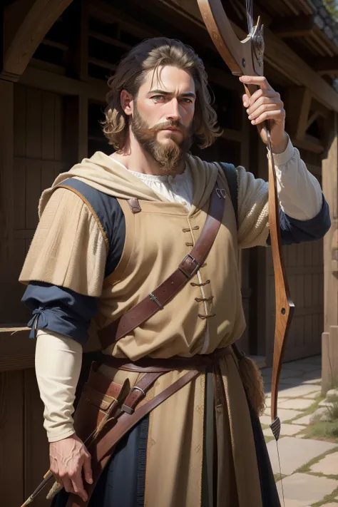 (1 man), (Numerous award-winning masterpiece, with incredible detail, textures and maximum detail), (hyper realistic:1.4), (upper body up:0.3), best quality real texture skin, ugly short hair, ugly, long beard, holding a bow, bow and arrow, simple medieval...