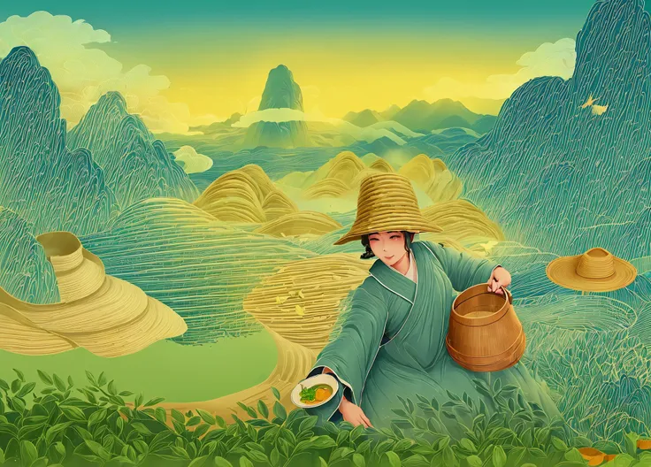 a creative illustration，rolling mountains in the background，shrouded in mist，there are terraces，in the foreground is a tea-picki...