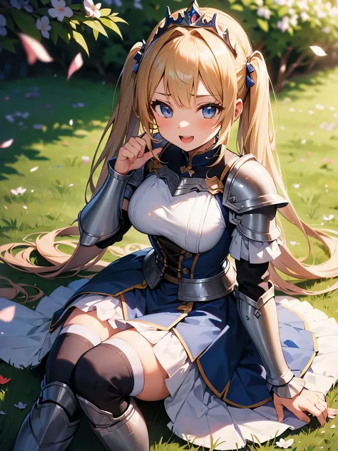 ((masterpiece)), ((best quality)), ((ultra-detailed)), 1girl, armor dress, blue armor, princess, blonde hair, tiara, medium breasts, twintails, long hair, long skirt, knee socks, armor boots, happy smile, open mouth, dynamic angle, zettai ryouiki, sitting,...