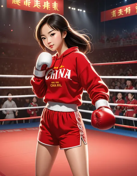Chinese girl in red blouse boxing, sweatshirt with "china" hand on her waist, animated boxing action, chinese movie poster, at the heart of the joyful and optimistic, animation, studio ghibli, boxing ring, detailed illustration, official art, kawaii style,...
