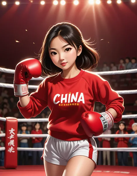 Chinese girl in red blouse boxing, sweatshirt with "china" hand on her waist, animated boxing action, chinese movie poster, at the heart of the joyful and optimistic, animation, studio ghibli, boxing ring, detailed illustration, official art, kawaii style,...