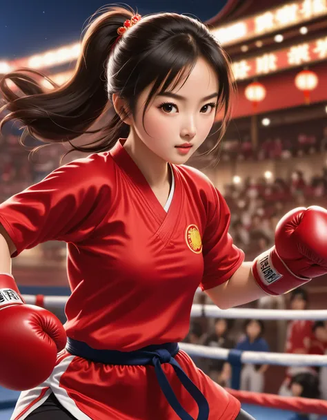 Chinese girl in red blouse in sparring match, "china" on jersey, dynamic kicking action, chinese movie poster, determined expression, sparring match action, animated core, studio ghibli, detailed illustration, kawaii style, 32k, nocturne, composition, nabi...