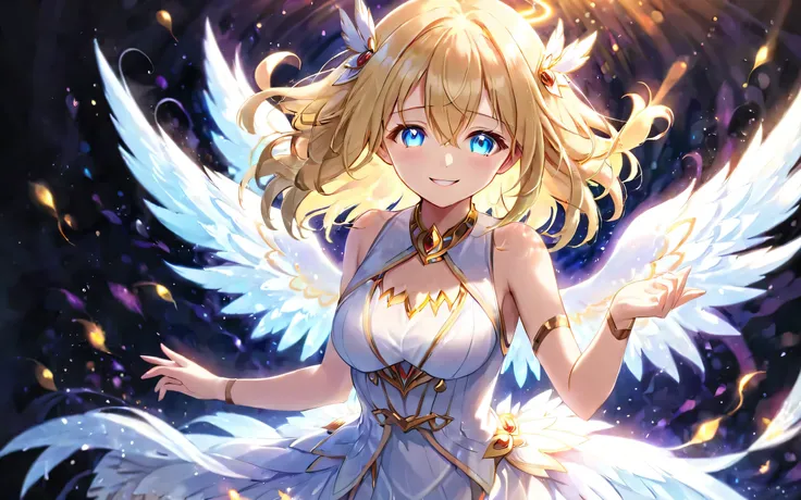 Beautiful woman, angelic smile, facing the front, mysterious aura, Shining appearance, graceful wings, perfect fit, sleeveless dress, blonde hair, heterochromia iris,
