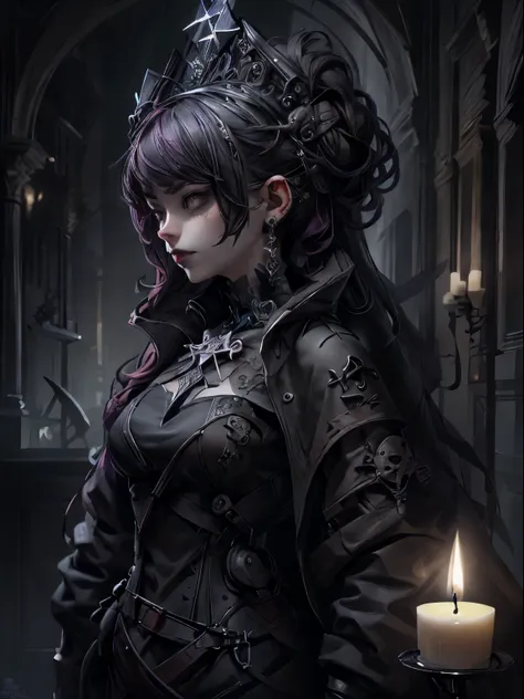 highestquali，tmasterpiece：1.2，detailed details，1 gothic girl，black victorian dress，gorgeous headdress，bust，rose flower，crosses，s...