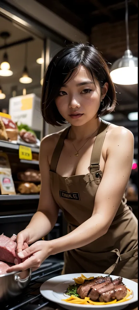 a woman, (northeast Asian food market, narrow street, in the dark shadow at night), customers, round face, ((wearing apron on naked)), (young stall staff crouching to grill the meat), short hair, spread legs, (show off her crotch), makeup,