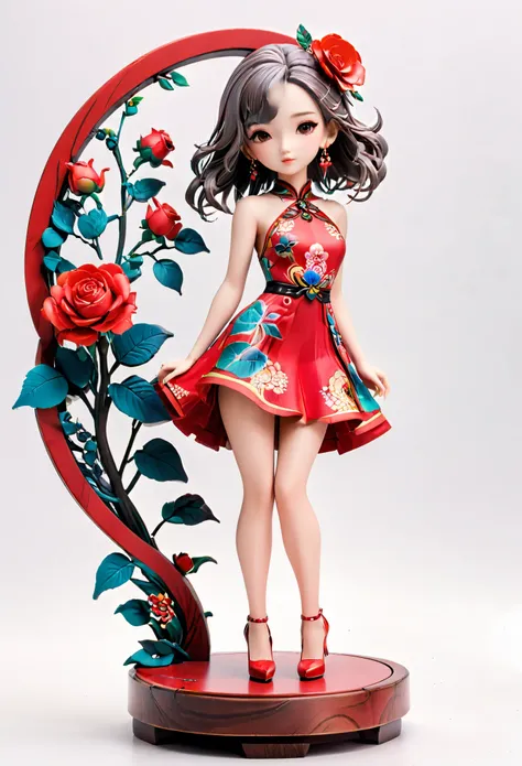 (Blind Box Spielzeug Stil:1.2),full body, solo,white background,(1 Beautiful girl Models ,Stand on a round wooden base，red rose dress, high heels),(Oriental elements, Chinese color,Very colorful),3D