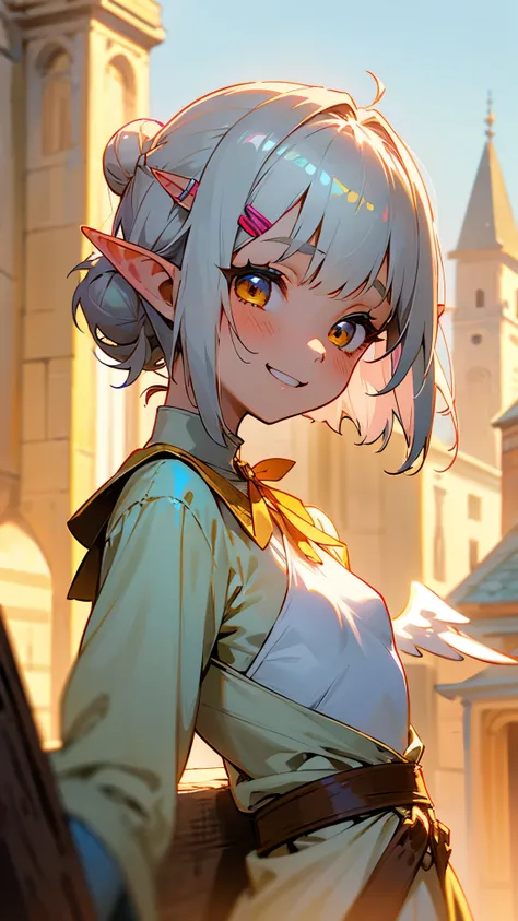 １girl、small breasts、angelic face, goblin, elf ears hair, Short hairstyles for silver hair and bob、Hair tied up in a bun with a hair clip、Shining pink round eyes, cute, yellow peasant tunic, Medieval, Medieval city background, bust portrait neck up, grin、Fr...