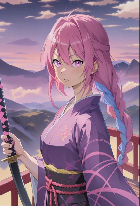 anime girl with pink hair holding a sword in front of a mountain, anime style 4 k, badass anime 8 k, beautiful anime portrait, best anime 4k konachan wallpaper, anime visual of a cute girl, anime wallpaper 4 k, anime wallpaper 4k, smooth anime cg art, clea...