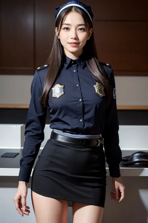 highest quality, masterpiece, 8k, ultra high resolution, (realistic: 1.4), 1 girl, beautiful face, symmetrical eyes, big, perfect body proportions, ((long hair))、policewoman, police uniform、(no hat:1.5), Tight Skirt、the gaze of the beholder, (Inside the po...