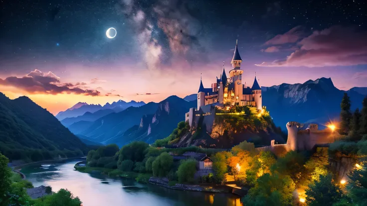 masterpiece, starry sky, many stars, moon, night view, european castle, Pink sheep, Colorful fantasy world landscape, river flowing in the background, flowers blooming in the distance, Mountain, mysterious ancient ruins