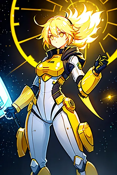 1girl, solo, mustard hair, long hair, bed hair, cowlick, yellow eyes, yellow glow, yellow skin, yellow body, (white only battlesuit), sci-fi suit, medium breasts, sci-fi background