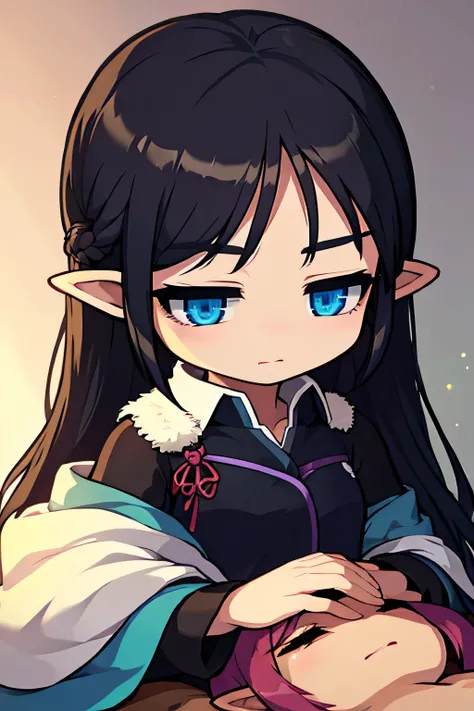 Girl relaxing in her room。goblin。Lie。black hair。long hair。troublesome expression。deformed anime character。blue eyes。spend time relaxing。Lie