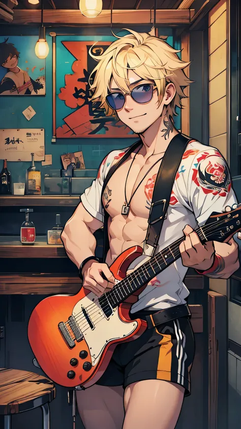 最high quality、best image quality、masterpiece、male((20-year-old、 By becoming、wide open breast tea、輝くeye, blonde、shortcut、Wristband、stubble、muscular、eye、sunglasses、full body tattoo、smile、have a guitar、guitar playing、barテンダーの衣装)),high quality、beautiful art、ba...