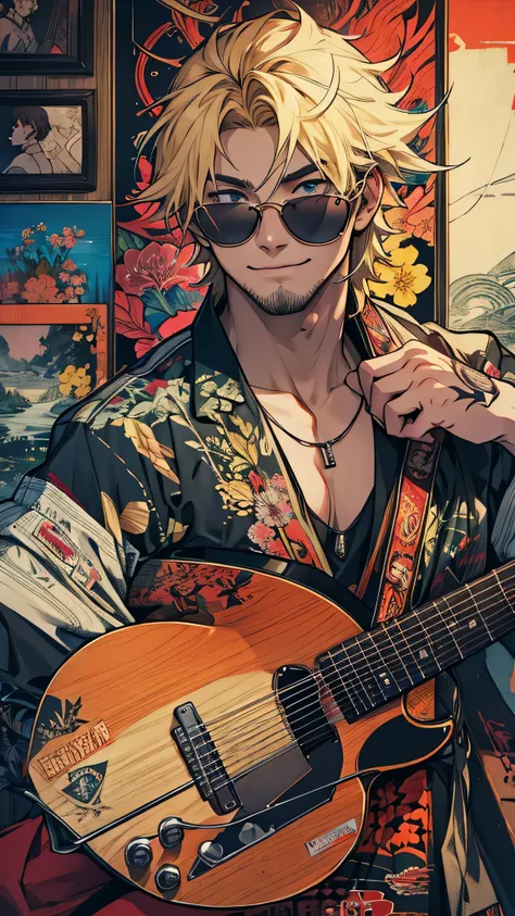 最high quality、best image quality、masterpiece、male((20-year-old、 By becoming、wide open breast tea、輝くeye, blonde、shortcut、Wristband、stubble、muscular、eye、sunglasses、full body tattoo、smile、have a guitar、guitar playing、barテンダーの衣装)),high quality、beautiful art、ba...