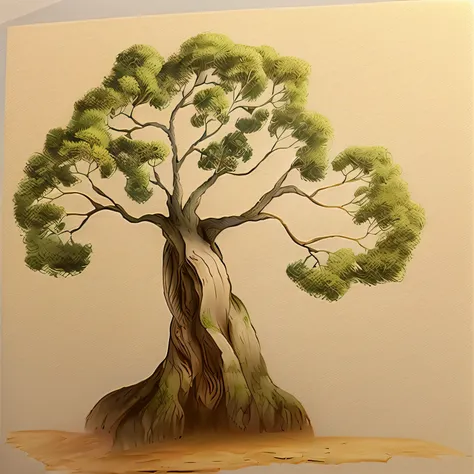 giant tree dessin stylo bille, arbre roi aux mille feuilles, high detail, serenity, paix,