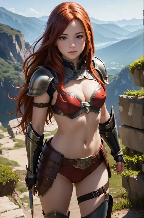 masterpiece, best quality, 1girl, teen, adventurer, armor, cleavage, redhead,