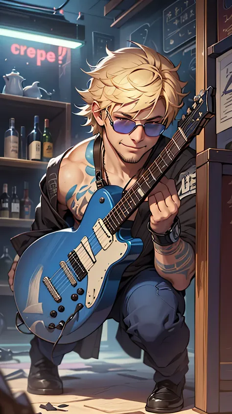 最high quality、best image quality、masterpiece、male((20-year-old、 By becoming、wide open breast tea、輝くeye, blonde、shortcut、Wristband、stubble、muscular、eye、sunglasses、full body tattoo、smile、have a guitar、guitar playing、Rock Costumes)),high quality、beautiful art...