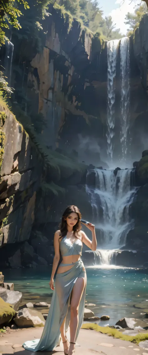 ((masterpiece, best quality, Highest image quality, high resolution, lifelike, original photo, 8k)), young woman photography of a waterfall with her cell phone, Beside the waterfall, cell phone photography, There is a waterfall, standing in front of waterf...