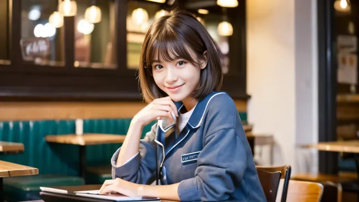 ((最high quality, 8k, masterpiece: 1.3)), perfect face,Inside a bright and lively cafe in New York、Draws a scene where a beautiful model-like woman is studying on a laptop.,All around you, you can see other customers enjoying their time.。At the back of the ...