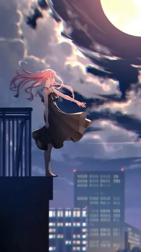 Anime girl standing on ledge in front of full moon, Ethereal animation, Atmospheric animation, Beautiful anime artwork, Beautiful anime scene, anime wallpaper, daytime Ethereal animation, anime atmosphere, Anime girl walking on water, she floats in the air...