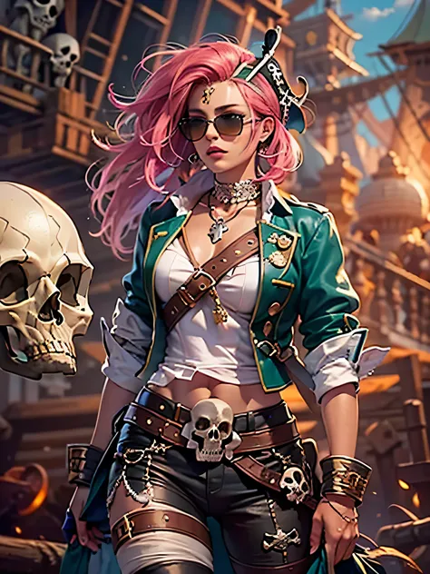 official art，unity 8k wallpaper，Super detailed，Works by stars of the beauty and esthetics industry，highest quality，（and colorful graffiti walls），1 girl，pink hair，green eyes，very detailed，dynamic angle，Pirate Shots，the most beautiful form of chaos，elegant，b...