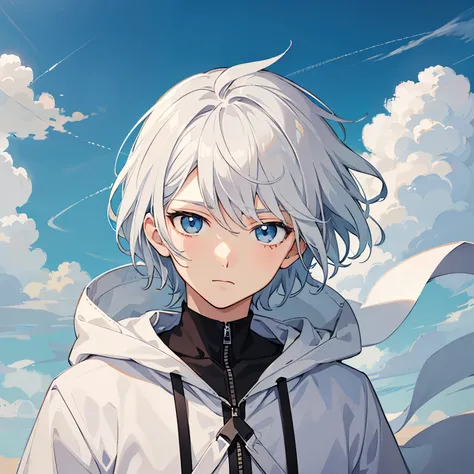 1 person，masterpiece，Anime character with white hair and blue eyes, cute boy anime visual, anime moe art style,Boy with short gray hair, young anime boy with white hair, official character art,white cloak，Sky blue gradient for gray hair，unique pupil，tilt o...