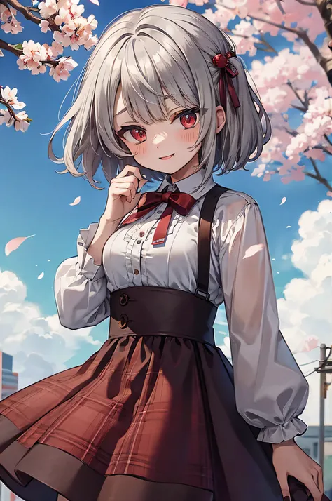 ８K　high quality　gray hair　short hair　white dress shirt　red ribbon on chest　plaid skirt　cherry blossoms　cherry blossomsの花びらが舞っている　summer blue sky　cute face　smile　cheeks are red　eye highlights　looking at the viewer　cherry blossomsの髪飾り