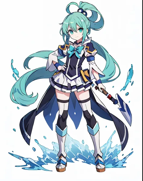 a cartoon drawing of a girl with a sword and a sword, aqua from konosuba, white cyan, jrpg character, art of kirokaze pixel, her...