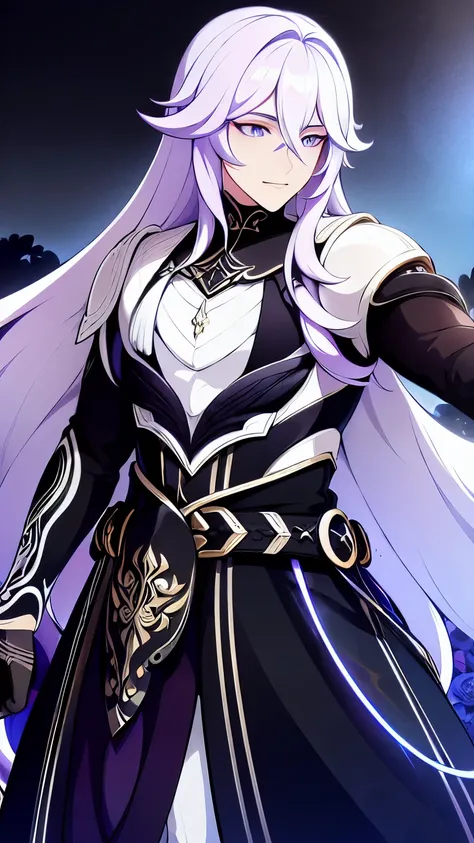 (high quality, highres:1.2) detailed, 1 boy, long white hair, wavy hair, purple eyes, holding a sword, black armor, garden, purple roses, wings, angel