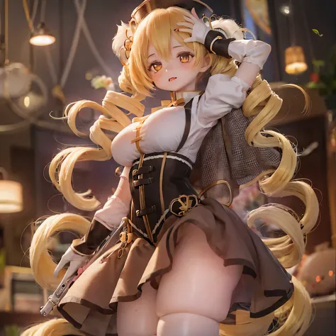 (highest quality,super detailed,masterpiece:1.2),expressive eyes,perfect face,Beautiful Mami Tomoe,sophisticated pose,pink long hair,golden eyes,soft pink lips,Magical girl costume with attention to detail,dark background,shine ,anime style,soft lighting,B...