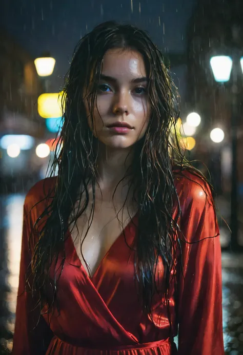 1girl,solo,long hair,Rough skin,from back,face focus,(looking at viewer:1.2),wet hair,dark,polaroid,(depth_of_field:1.5),rainy days,outdoors,street,hair between eyes,moody lighting,Tyndall effect,Cinematic Lighting,night,lamppost,lens flare,available light...