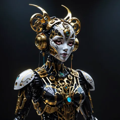 High Resolution, High Quality, Masterpiece. Pierrot puppet entangled in golden threads against a backdrop of abstract black oil, gears interlocking within its high-tech, cyberpunk style body, lasers emanating from its core, acrylic design elements with con...