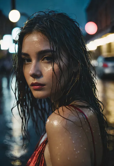 1girl,solo,long hair,Rough skin,from back,face focus,(looking at viewer:1.2),wet hair,dark,polaroid,(depth_of_field:1.5),rainy days,outdoors,street,hair between eyes,moody lighting,Tyndall effect,Cinematic Lighting,night,lamppost,lens flare,available light...