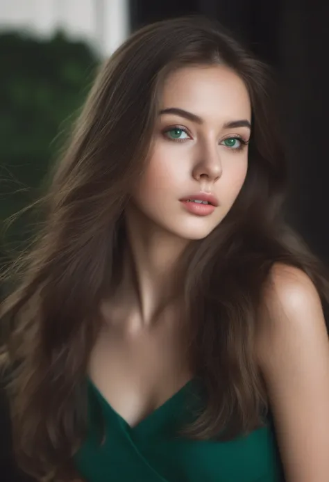 a close up of a woman with long brown hair wearing a green dress, photo of a beautiful woman, portrait of a beautiful model, beautiful female model, sexy girl with green eyes, portrait sophie mudd, beautiful model girl, soft portrait shot 8 k, anna nikonov...