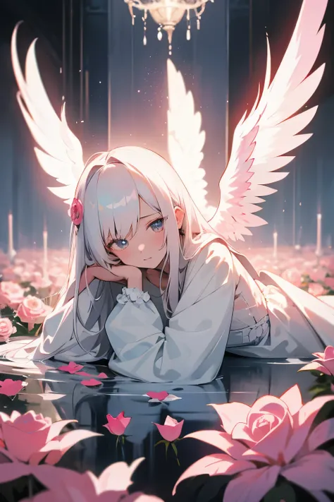 1girl, Blume, Allein,Heiligenschein, lange Haare, wings, white hair, pink Blume, Sitzung, white Blume, angel, Wasser, Rose, long sleeve, red Blume, Kleid, headrest, angel wings, feathered wings, Geschlossener Mund, pink Rose, blue Blume, bangs, white Kleid...