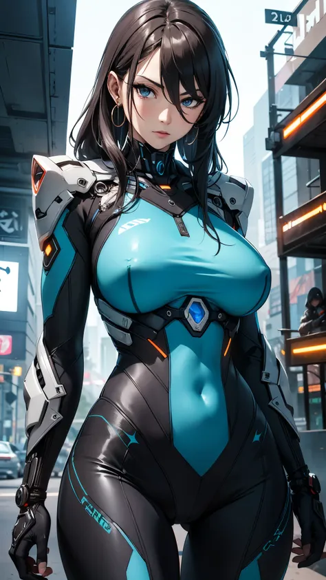 Milf, woman in a futuristic suit, highly detailed face, cool, mom, (very large breast), (mature face), (mature female), stealth suit, navel focus, cybersuit, anime girl wearing tight suit, transparent suit, Elegant body, earrings, female protagonist, depth...