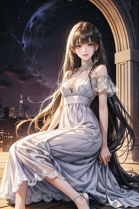 droopy eyes、brown eyelids on face、smile、17 year old female、woman wearing a dress、long hair girl、((long hair girl))、Girl with bangs、detailed face、pretty face、((best image quality))、mole、lace dress、White and purple clothes、white and purple dress、hair arrange...