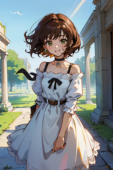 shoko sashinami, valvrave, 1 girl, brown hair, green eyes, fantasy world, ruins, folk, beautiful sky, shining sky, sunshine, smiling, belt, ribbon choker, black choker, ribbon, wind blowing dress, lace dress, black camisole and white sweater, off-shoulder ...