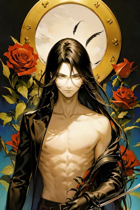 emo-cheng,Rose bushes,dragon,heart,feather,wing,branches,A long-haired boy with a sword in his hand, half-naked and wearing a leather jacket ，The face of a woman behind