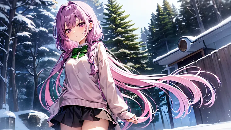 purple hair girl, shyุ 7 ปี,  fit, Pale pink eyes, long hair,Green braid tied in bows left and right...........small breasts, Wear a brown sweater......., Wear a black miniskirt........ From America...,(shy).....The background is snowy.... 4K Photos