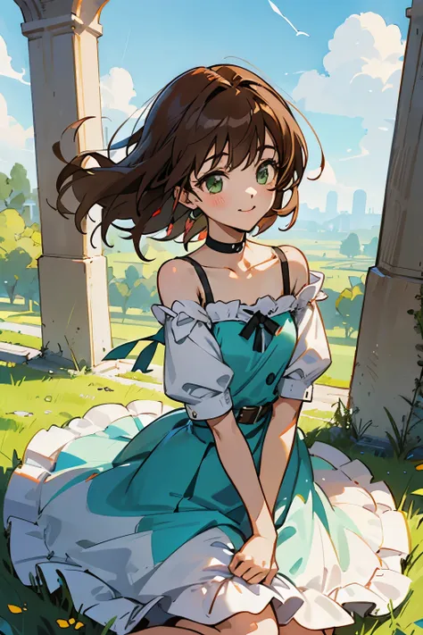 shoko sashinami, valvrave, 1 girl, brown hair, green eyes, fantasy world, ruins, folk, beautiful sky, shining sky, sunshine, smi...