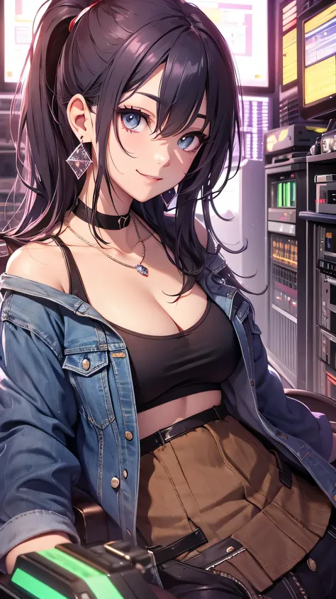 最high quality、best image quality、masterpiece、girl((20-year-old、 By becoming、vest bust、medium bust,wide open breast tea、shining eyes, neon hair、long hair、thin,highest valley、ponytail、Damaged Denim Shorts、black navel shirt、Damaged Denim Jacket、smile、full bod...