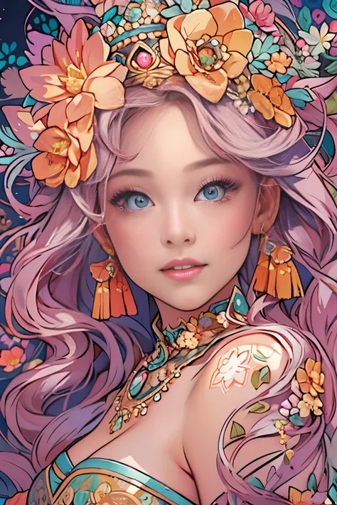 paint a decorative painting，little princess wearing crown，3 year old girl，childish face，bright colors，（Decorative paintings：1.6），wear：Exquisite and elegant high-cut split swimsuit，Show belly button，，exquisite eyes，delicate face，big breasts, big breasts，exq...