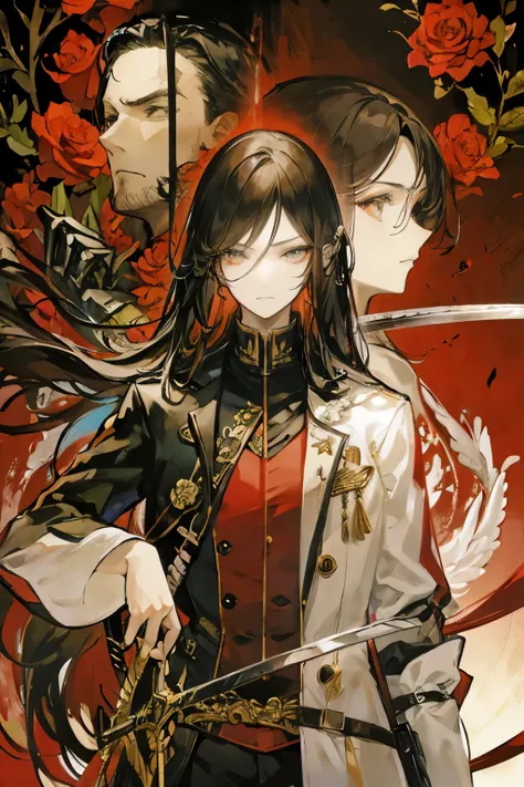 emo-cheng,rose bushes,monster,a long-haired girl holding a sword in a leather jacket and a man&#39;s face