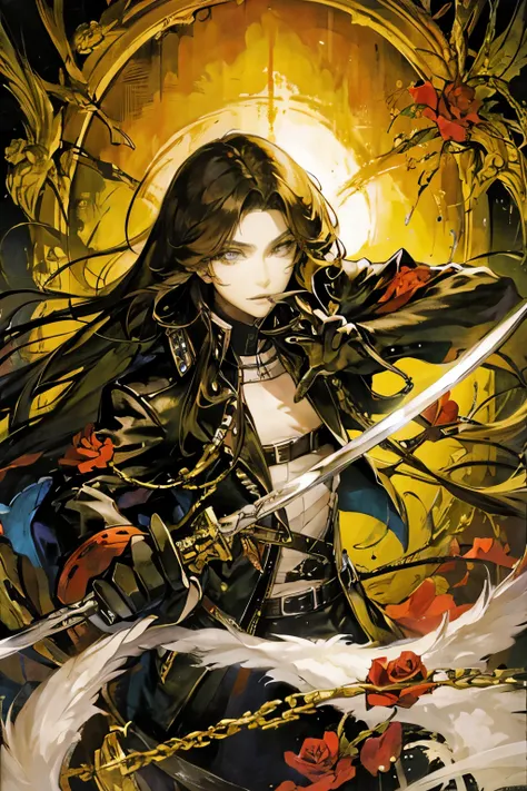 emo-cheng,A rose bush, a long-haired girl holding a sword in a leather jacket, a man&#39;s face