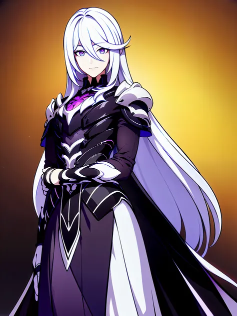 (best quality, highres:1.2), detailed, 1 boy with long white hair and purple eyes, wearing black armor, facing the viewer, in an illustration style with enhanced anatomy, vibrant colors.